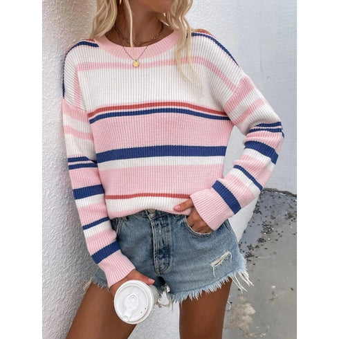 'Eulalie' Striped Pullover Knit Sweater - Celes Fashion
